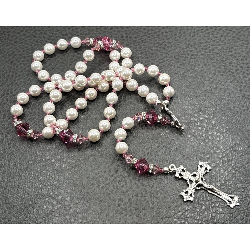 VTG Italy Sterling Silver Rosary Made With Swarovski Pink Crystal Faux Pearl 24"
